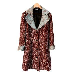 Samuel Dong XXL Long Coat Tapestry Artsy Eclectic Jaquard Contrast Collar Cuffs
